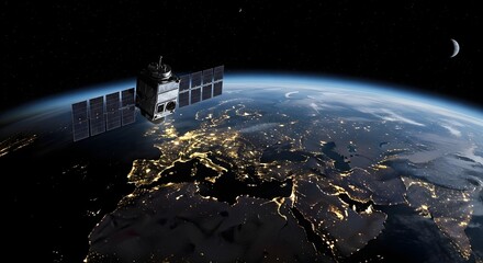 High-tech orbital satellite observing the illuminated continent of Europe from space during the night with the crescent moon visible