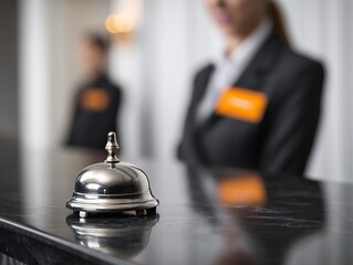Close-up of a silver service bell on a polished black countertop at a hotel reception with blurred employees in background. Concept for hospitality services, travel booking, and hotel management