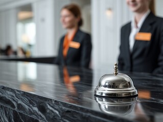 Hotel service bell on a dark marble counter with staff in background, concept for concierge assistance, front desk services and luxurious accomodation