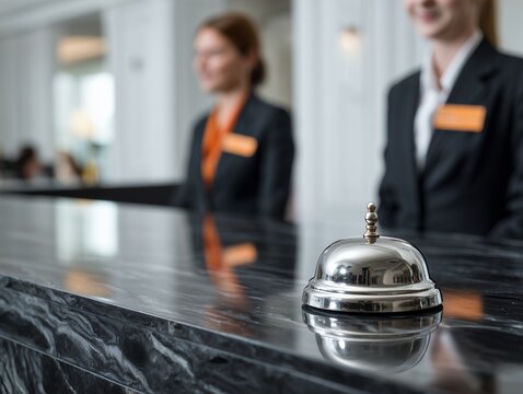 Hotel service bell on a dark marble counter with staff in background, concept for concierge assistance, front desk services and luxurious accomodation