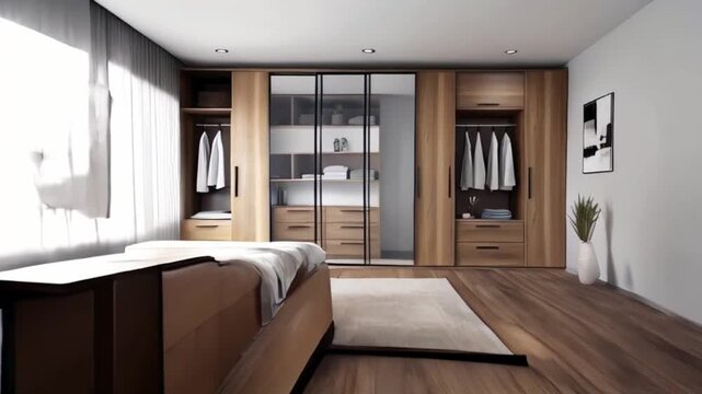 Wooden wardrobe with glass sliding doors in minimalist style interior design of modern bedroom created with generative ai	

