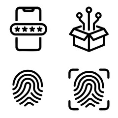 Vector Depiction of security measures including phone lock, iot, and fingerprint scans on transparent background