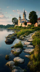 Obraz premium Picturesque Riverside Church at Sunrise with Stone Path Serenity and Tranquil Waterside Views Offering a Spiritual and Scenic Escape