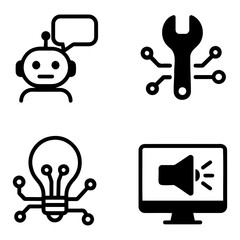 Vector Illustration of a robot, wrench, lightbulb, and monitor in a flat design style on transparent background