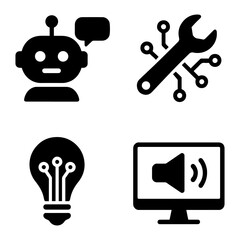 Vector Illustration of robot lightbulb wrench and speaker on screen in black and white on transparent background