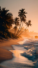 Fototapeta premium Tropical Beach Paradise at Sunset Warm Golden Light Illuminating Palm Trees and Gentle Waves Creating a Serene Coastal Scene