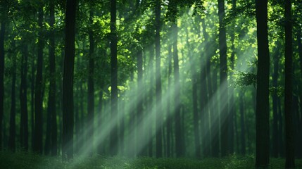 Obraz premium Healthy Serene in Mental Health Concept. Serene Forest Scene with Sunlight Rays Filtering Through Lush Green Trees in Nature