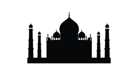 A black silhouette of the Taj Mahal with minarets and domes