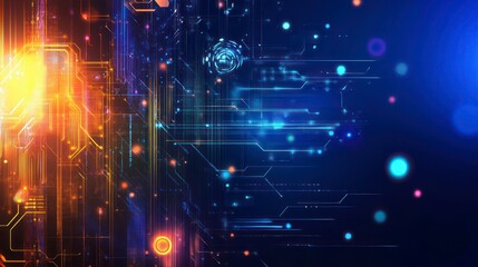 Obraz premium Abstract digital circuit board design with glowing lines and points, showcasing technological complexity.