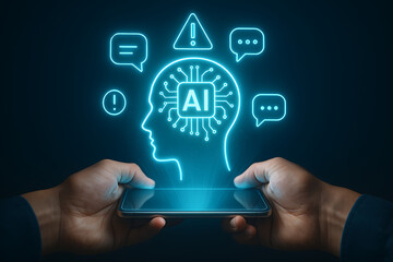 A person holding a smartphone with a holographic projection of an AI head with a circuit board brain, surrounded by various communication and notification icons