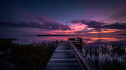 Obraz premium Sunset Serenity A Tranquil Dockside Escape into Nature's Colorful Embrace on the Water