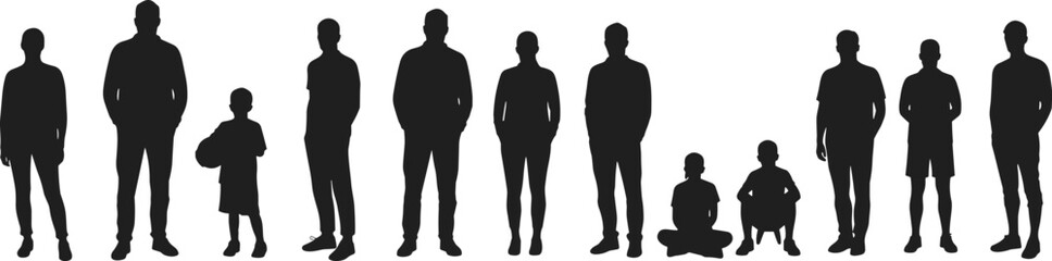 Silhouette of people family group standing sitting children adults diverse community human outline society black vector illustration design