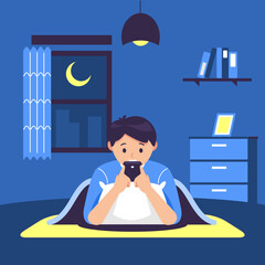 boy lying down and playing smartphone on the bed at night, bad habits of teenagers