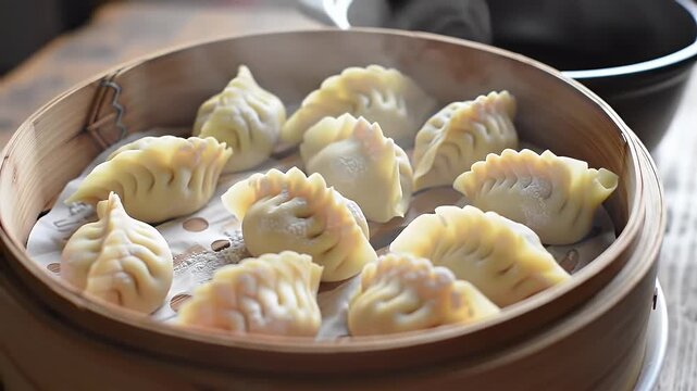 Close Up of Steaming Jiaozi Dumplings in Bamboo Steamer on Rustic Wooden Table with Diffused Lighting Perfect for Culinary Projects Restaurant Promotions and Cultural Dining Themes over 170 character