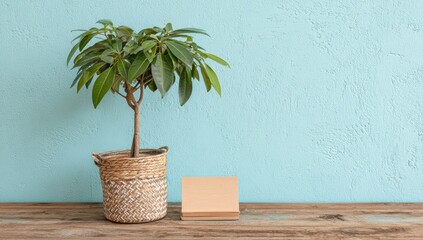 Potted plant and blank notepad on wooden surface against a blue wall