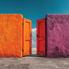 Two open doors in vibrant walls, revealing a sky