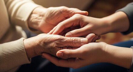 Close-up of elderly hands gently holding the hands of a younger person