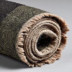 Rolled textile with frayed edges, exhibiting a dark and light plaid pattern