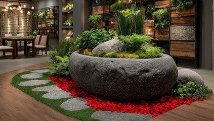 Stone planter with greenery, surrounded by stepping stones and red petals, in a modern interior