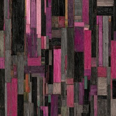 Abstract composition of various wood planks in shades of pink, purple, gray, and black