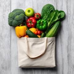 Fresh produce overflowing from a reusable tote bag