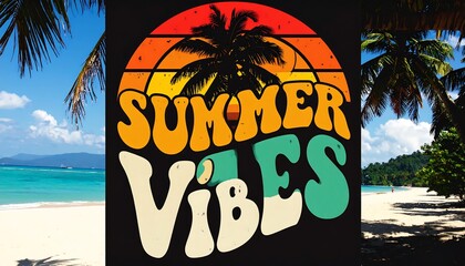 Retro Summer Vibes Tropical Beach Palm Trees Sunset Graphic.