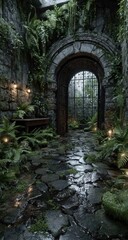 Overgrown stone passageway leads to a dark, gated entry