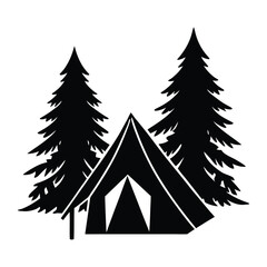Obraz premium Camping Silhouette Tent in Pine Trees Graphic Design on White Background