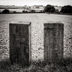 Two weathered wood posts stand in a field, a distant landscape under an overcast sky