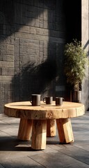 Rustic wooden coffee table with four legs, sits on a wooden floor against a dark patterned wall
