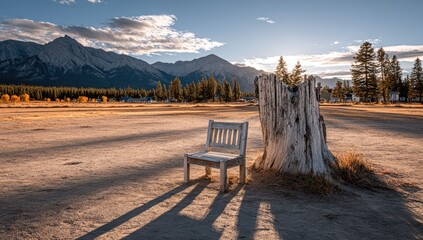 Tranquil sunset view of mountains, a weathered tree stump, and a wooden chair in a flat, grassy field