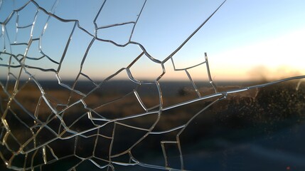 Close-up of shattered broken glass window with detailed cracks forming abstract spiderweb pattern against blurred outdoor sunset background, concept of fragility and damage