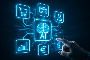 A person interacting with a futuristic ai brain icon, surrounded by financial and commerce symbols like a shopping cart, credit card, graphs, and currency signs, on a dark background