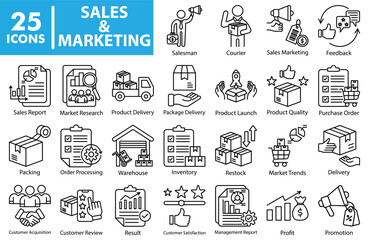 Sales and marketing icons including courier, warehouse, order processing, inventory, delivery, promotion, and business growth symbols.