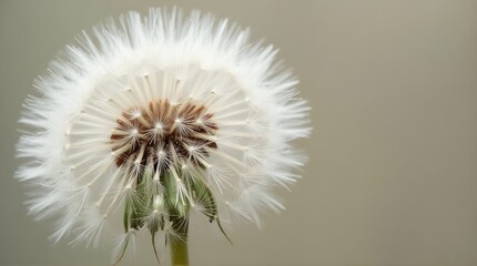 Delicate dandelion seed head close up evokes peaceful feeling and nature's beauty in neutral color scheme