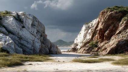 Rocky coastal passage, sunlight through clouds, sandy beach