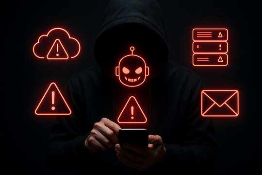 A sinister-looking person in a hoodie with a glowing robot head on a smartphone, surrounded by warning signs and error icons, depicting cyber-attacks or hacking