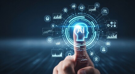 Finger touching ai interface with glowing network of icons