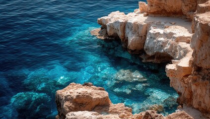 Clear turquoise water laps against sunlit rocks