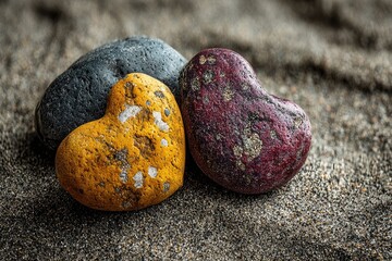 Three heart-shaped stones rest on sand