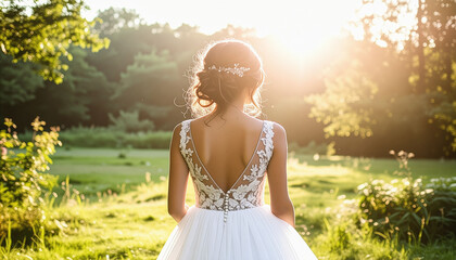 Bride in Elegant Wedding Dress at Sunset in Nature