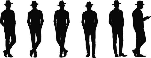 Silhouette of stylish men wearing hats, standing, posing, using phone, hands in pockets, vector illustration, fashion figure, side view