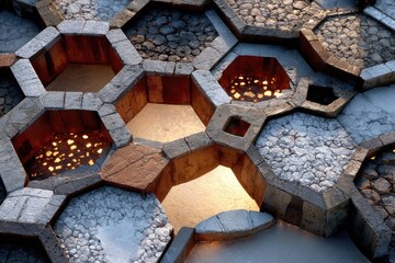 Abstract hexagonal cells, glowing interiors, textured surfaces