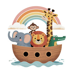 Obraz premium Whimsical Ark Adventure with Cartoon Animals and Rainbow