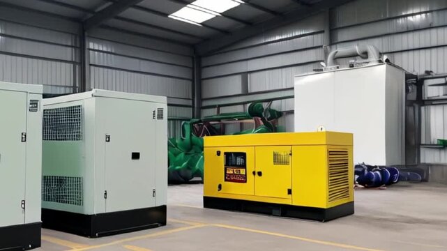 Generator room with two generators in factory standby for power backup, Diesel generator for factory work created with generative ai	
