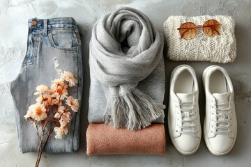 Flatlay showcasing casual autumnal outfit