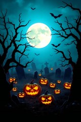 Fototapeta premium Spooky halloween night with jack o lanterns and bats under a full moon