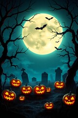 Fototapeta premium Spooky halloween night with jack o lanterns and bats under a full moon