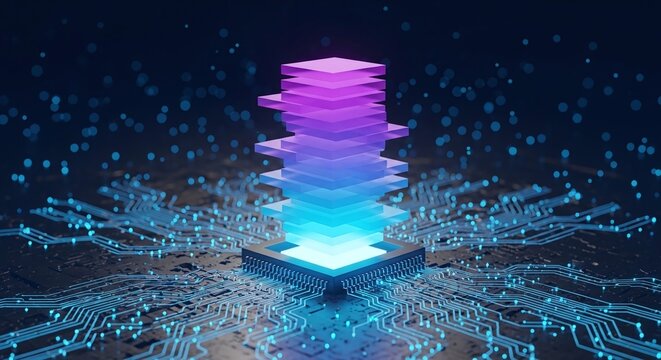 Abstract digital art of a glowing server rack with circuits - Powered by Adobe