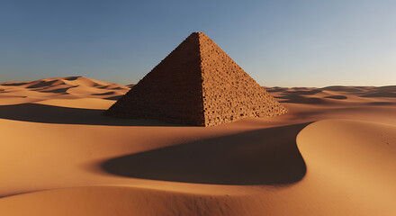 A pyramid in the desert with sand dunes and a clear blue sky above.
